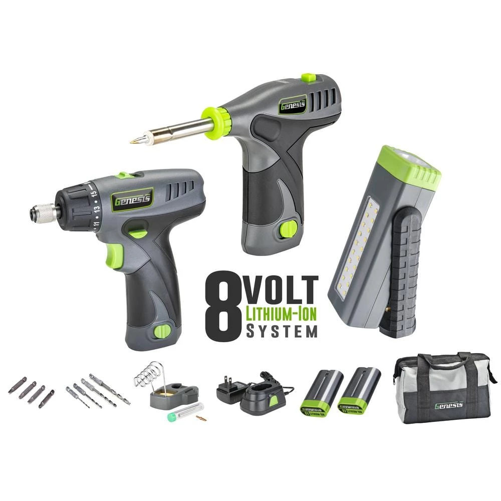 8-Volt Lithium-Ion Cordless Pocket Light, Soldering Iron, and Screwdriver 3-Tool Combo Kit with 2 2.2 Ah Batteries by GENESIS