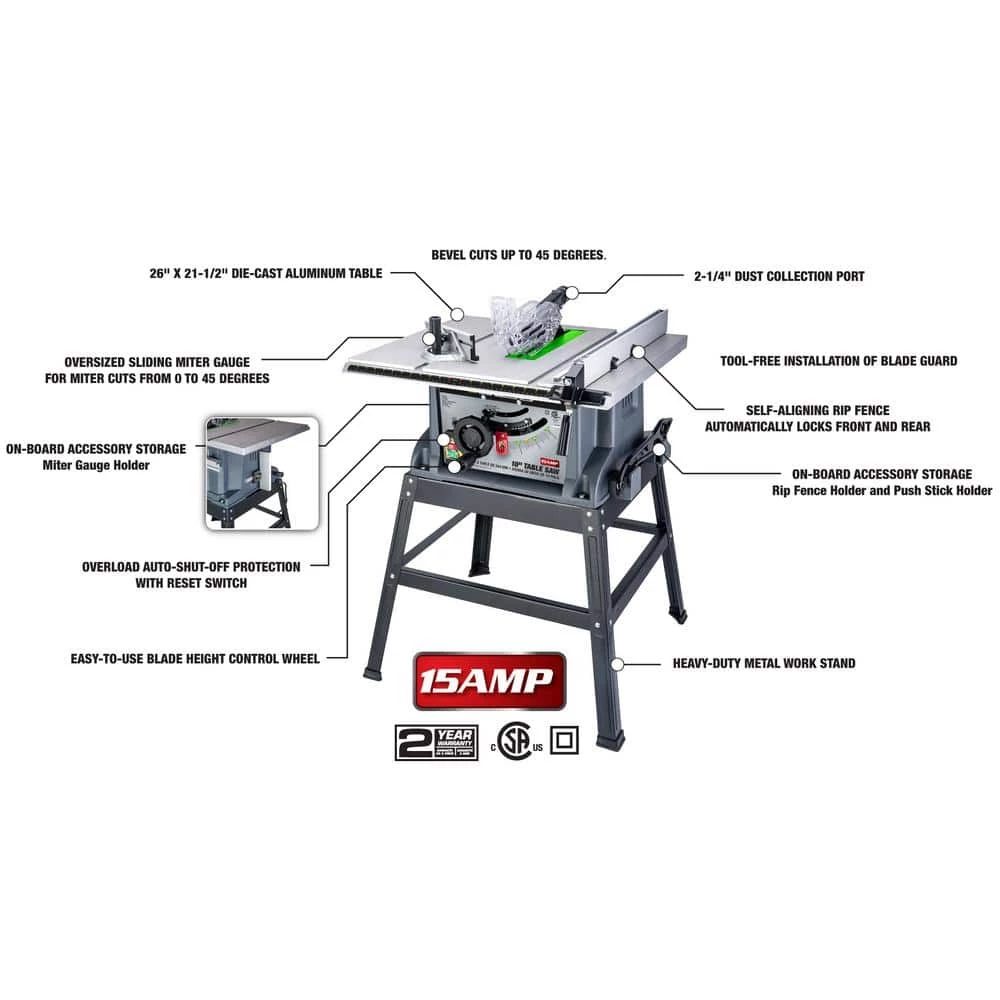 10 in. 15 Amp Table Saw with Metal Stand, Miter Gauge, Push Stick and Rip Fence by GENESIS - Image 2