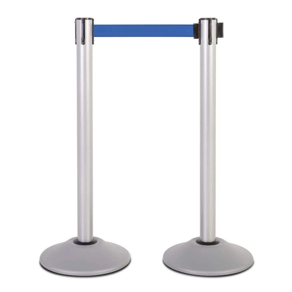 US Weight Heavy-Duty Silver Premium Steel Stanchion with 7.5 ft. Blue Retractable Belt (2-Pack) by USW