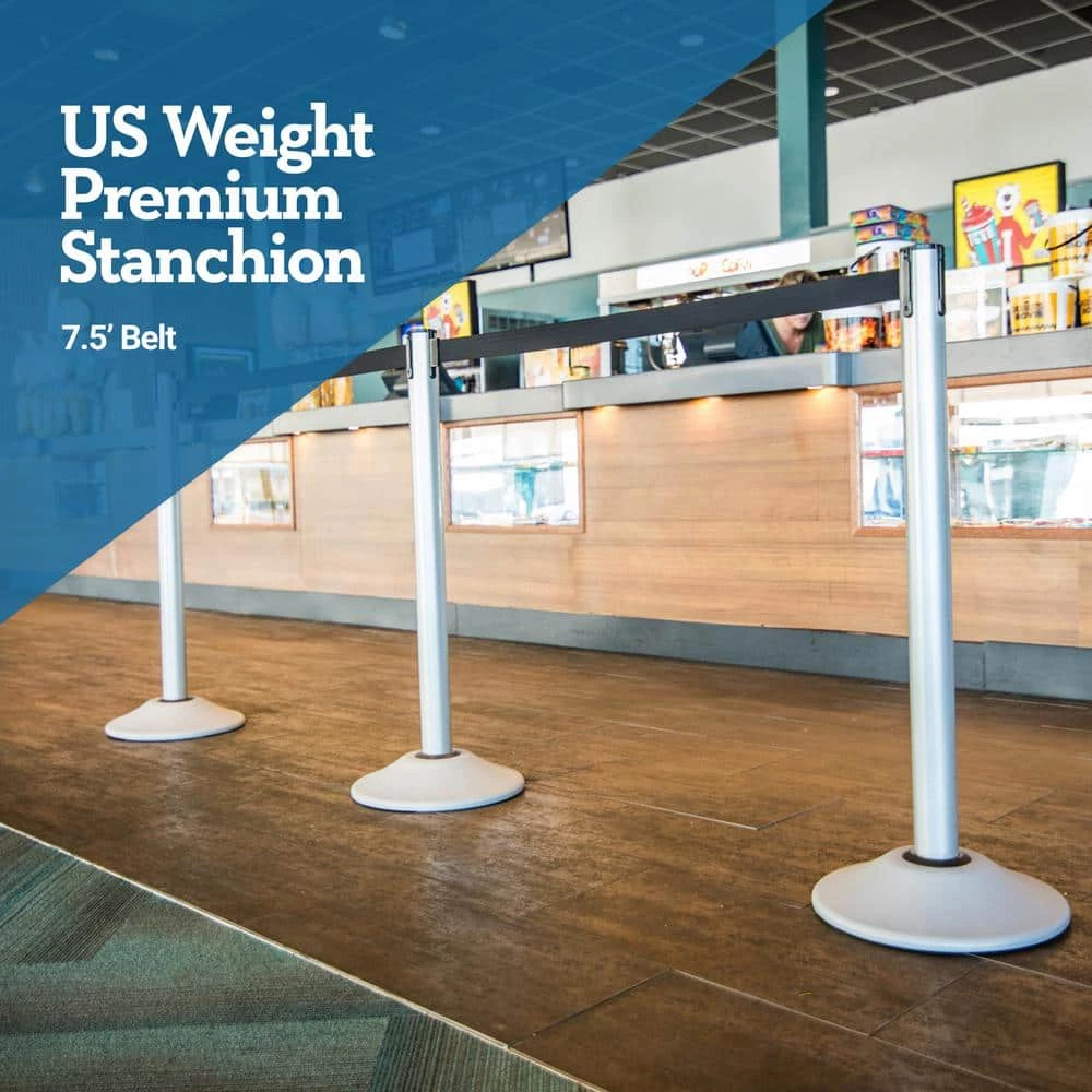 US Weight Heavy-Duty Silver Premium Steel Stanchion with 7.5 ft. Blue Retractable Belt (2-Pack) by USW - Image 2